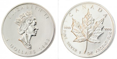 34 EUR  5 Dolares 1993  Canada plata 9999  31,1 gr
